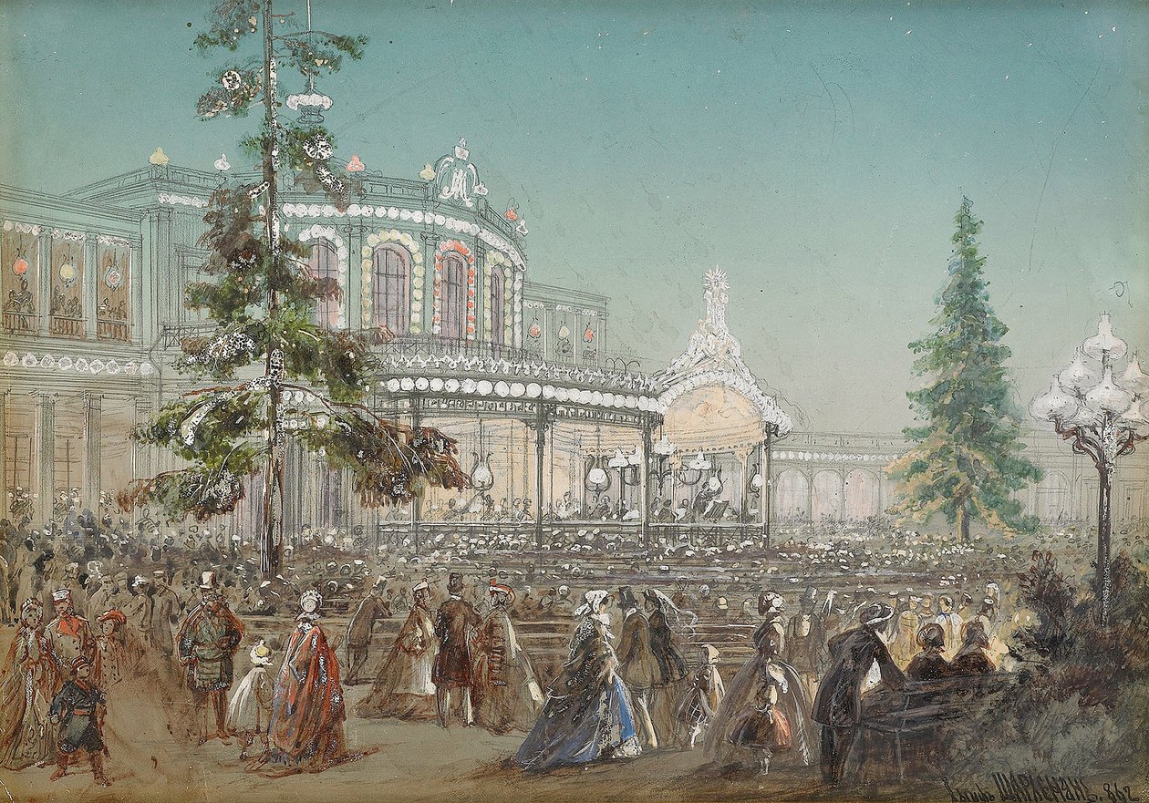 „Obchody 25-lecia Kolei Carsko Sioło w Sali Koncertowej Dworca Pawłowskiego” Adolfa Charlemagne (1826-1901), gwasz na tekturze autorstwa Adolf Jossifowitsch Charlemagne