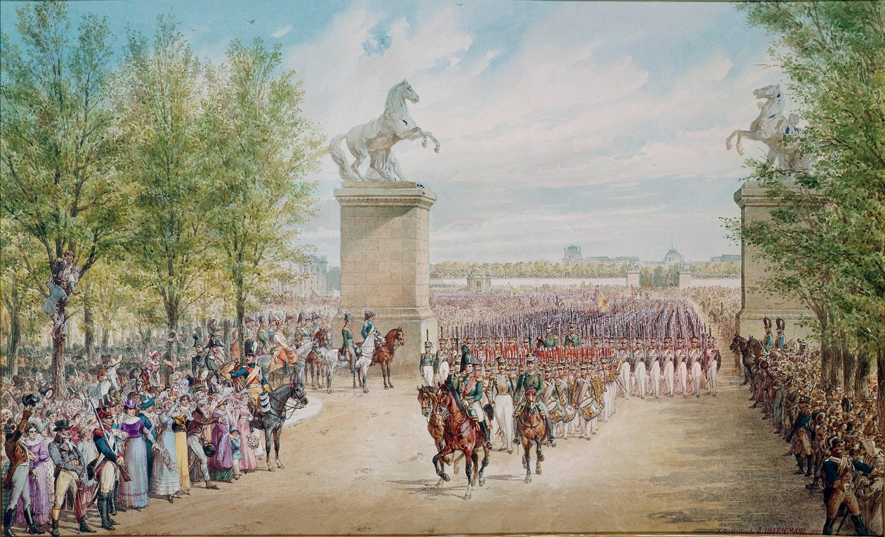 Car Aleksander I (1777-1825) wspina się ze swoją armią na Pola Elizejskie w Paryżu w 1814 roku. Obraz Adolfa Charlemagne (1827-1901) autorstwa Adolf Jossifowitsch Charlemagne
