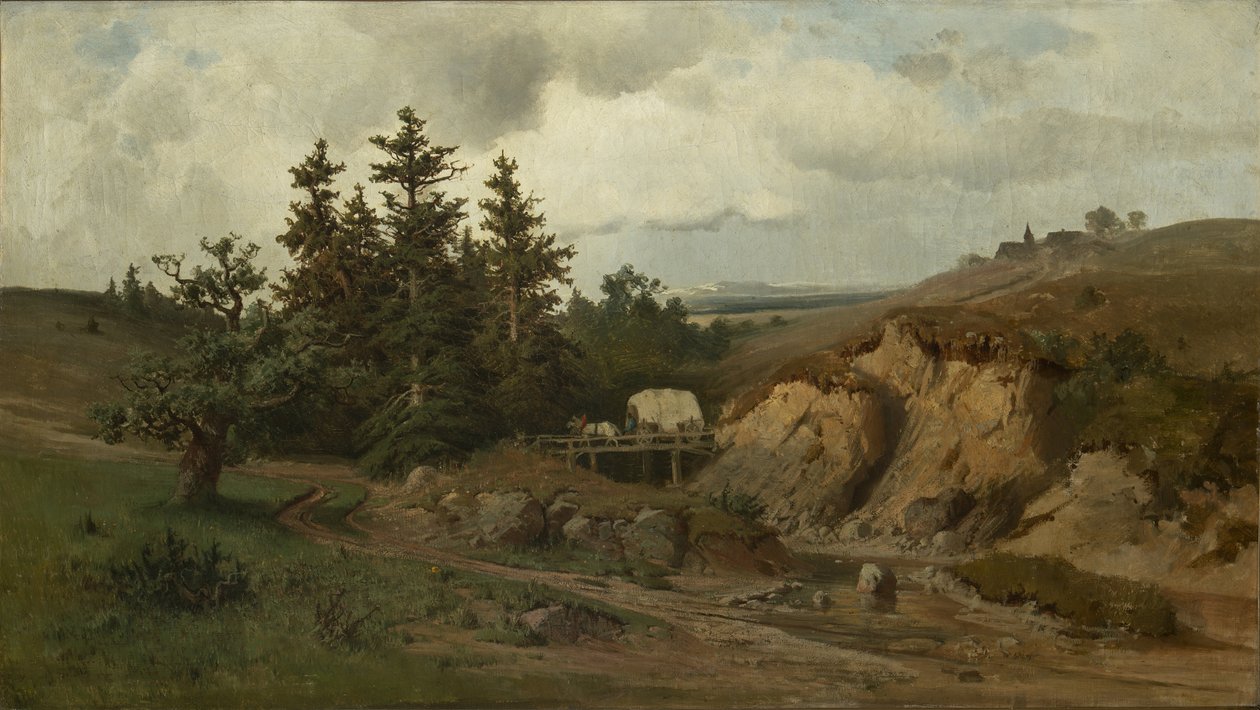 Pejzaż z drewnianym mostem - Pejzaż z drewnianym mostem - Adolf Kosarek (1830-1859). olej na płótnie autorstwa Adolf Kosárek