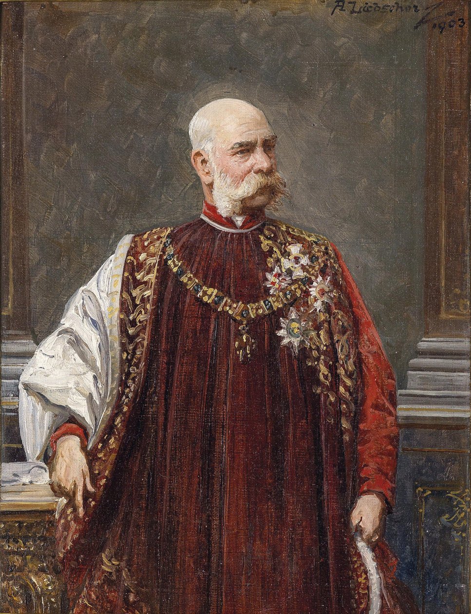 Portret Franciszka Józefa I Austrii jako Wielkiego Mistrza Złotego Runa, 1903 autorstwa Adolf Liebscher