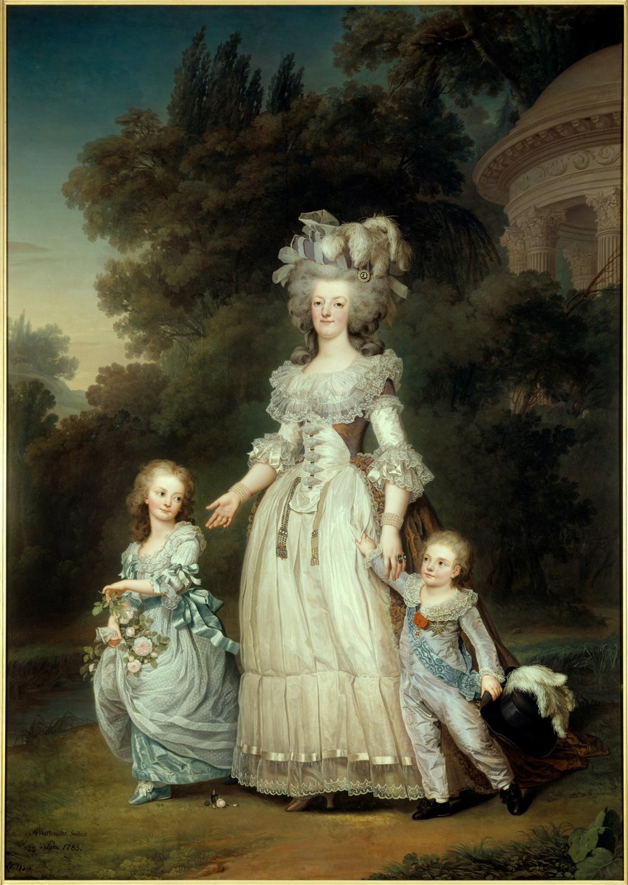Portret u stóp królowej Francji Marii Antoniny (1754-1793) z Marią Teresą lub Madame Royale (1778-1851) i pierwszym delfinem Louisem Josephem Xavierem Francois lub Louis de France (1781-1789) spacerującym po ogrodach Trianon Malowanie przez Ad autorstwa Adolf Ulrich Wertmuller