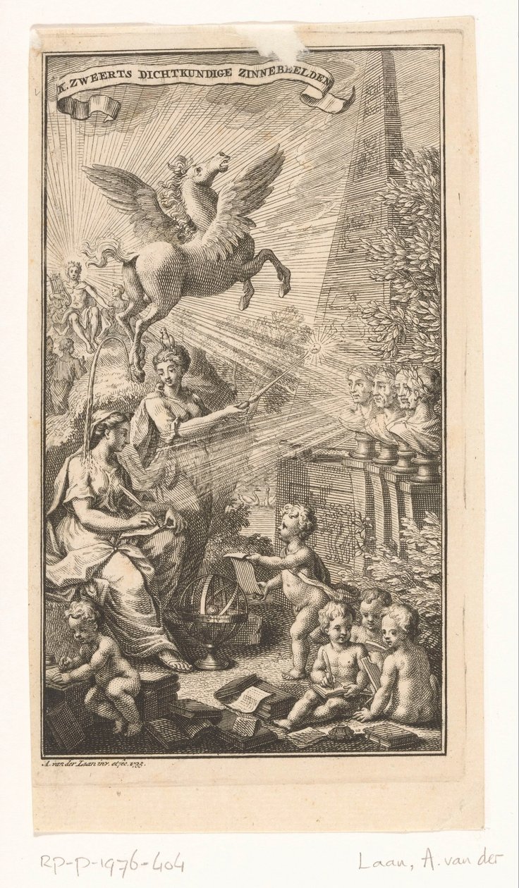 Scena alegoryczna z napisem kobiety, popiersiami, Pegazem i Apollem Strona tytułowa dla: Cornelis Sweerts, Symbole poetyckie, 1736 autorstwa Adolf van der Laan