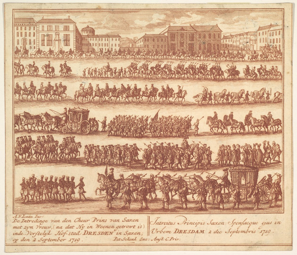 Wjazd księcia saskiego z żoną do Drezna w dniu 2 września 1719 r. ok. ok. godz. 1700-1755. autorstwa Adolf van der Laan