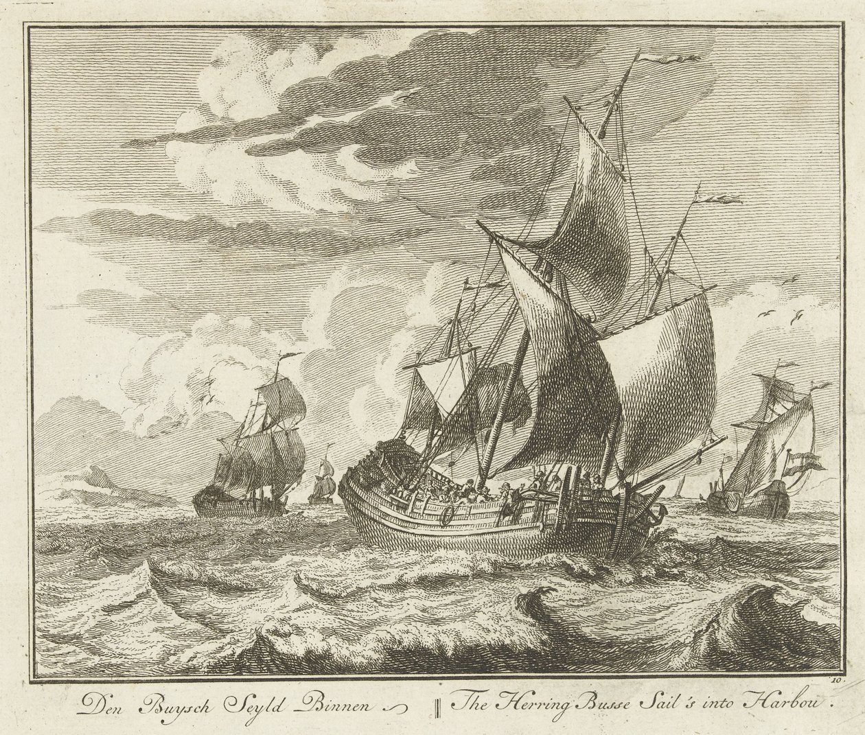 Rurka śledziowa odpływa do domu, ok. 1725 Den Buysch Seyld Binnen / The Herring Busse płynie do Barbou (tytuł na obiekcie) Groote Vissery (tytuł serii) autorstwa Adolf van der Laan