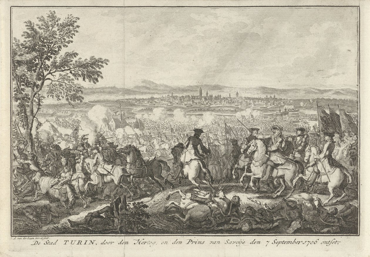 Ulga Turynu, 1706 Miasto Turyn, zbezczeszczone przez księcia i księcia Sabaudii 7 września 1706 r. (tytuł na obiekcie) autorstwa Adolf van der Laan