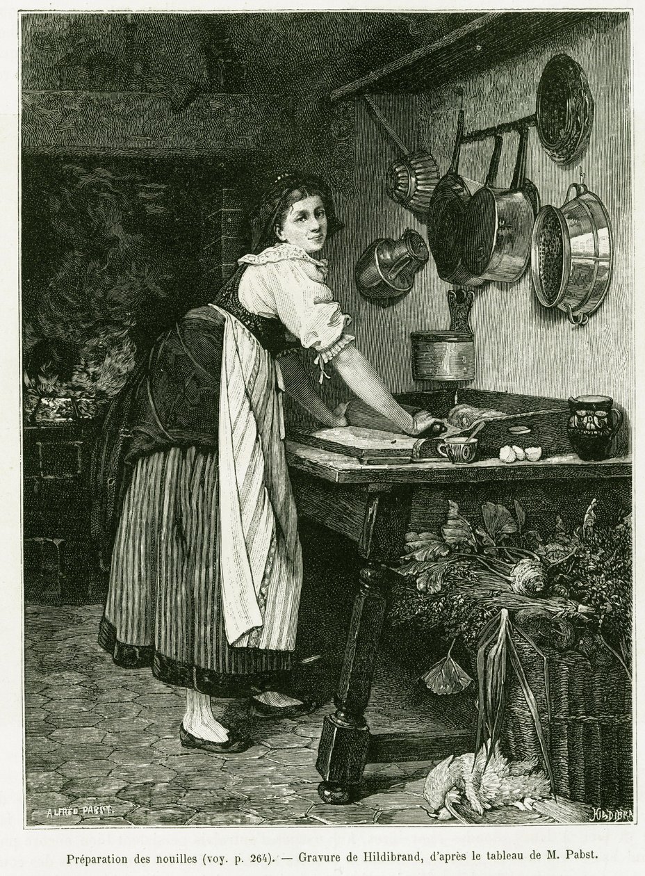 Przygotowanie makaronu. Grawer Hildibranda, ilustrujący opowiadanie „Przez Alzację i Lotaryngię”, w 1887 r., autorstwa Charlesa Grada, niemieckiego zastępcy, w tour du monde 1888, w reżyserii Edouarda Chartona (1807-1890), Hachette, Paryż. autorstwa Adolf von Hildebrand