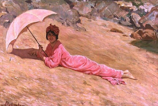 Dziewczyna leżąca na plaży z różowym parasolem (olej na płótnie) autorstwa Adolfo Belimbau