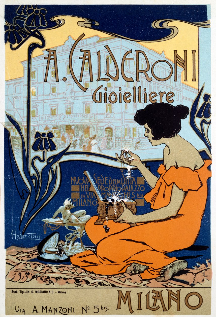 Plakat reklamowy jubilera Calderoni w Mediolanie, ok. 1920 r. autorstwa Adolfo Hohenstein