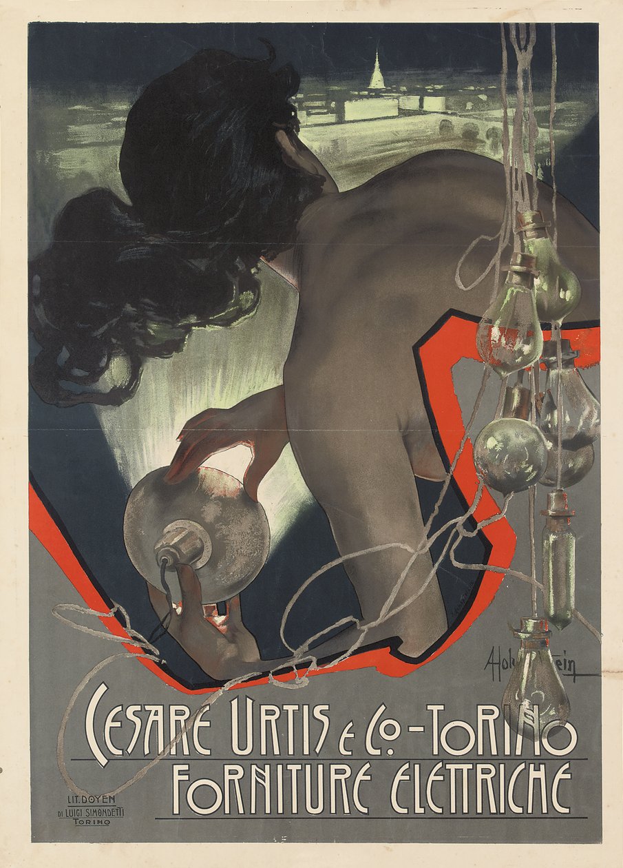 Plakat reklamowy wyprodukowany dla włoskiej firmy oświetleniowej Cesare Urtis & Co. z Turynu, 1889 autorstwa Adolfo Hohenstein