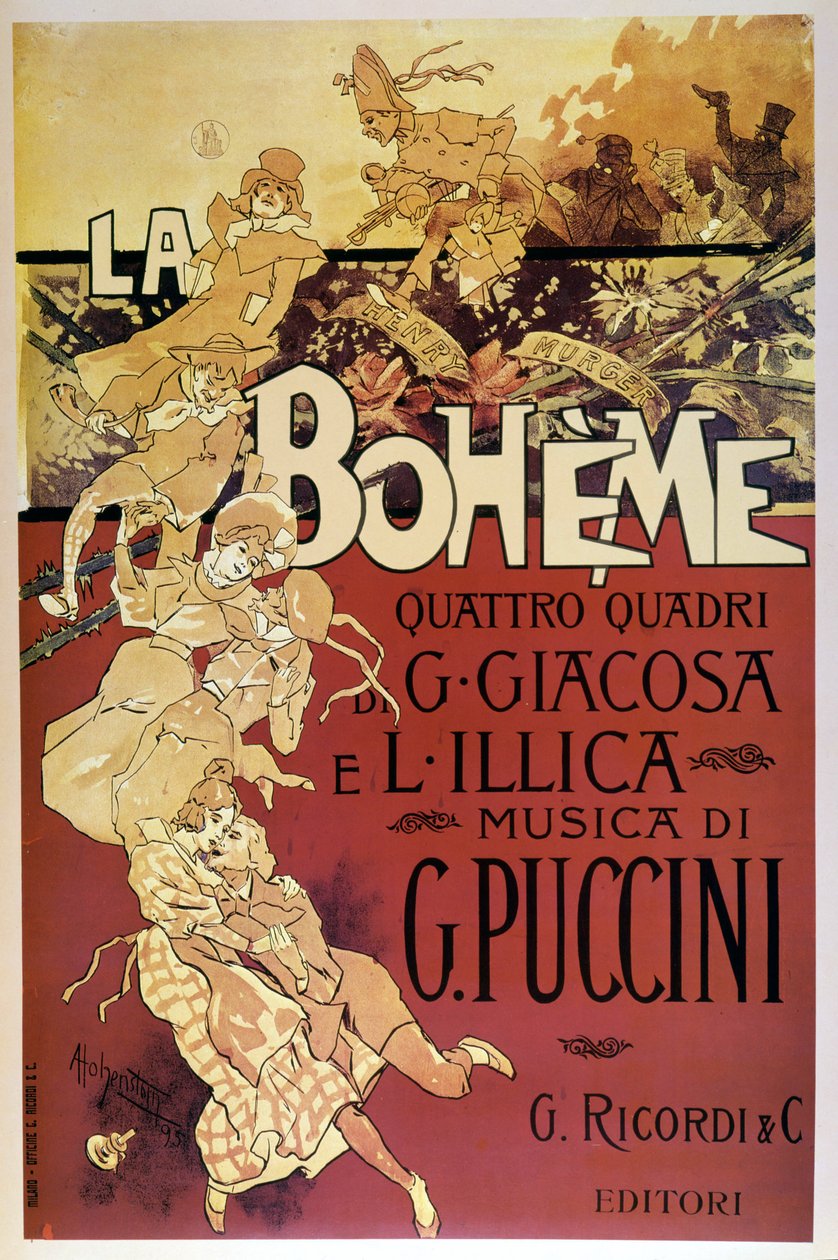 Plakat z Cyganerią Adolfo Hohensteina na premierę opery Giacomo Pucciniego w Teatro Regio di Torino, 1.02.1896. autorstwa Adolfo Hohenstein