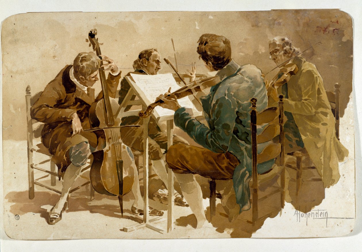 Czterech muzyków Trzech skrzypków i jeden wiolonczelista. Plakat Adolfo Hohensteina (1854-1928) wym. 293x454 cm Kolekcja prywatna autorstwa Adolfo Hohenstein