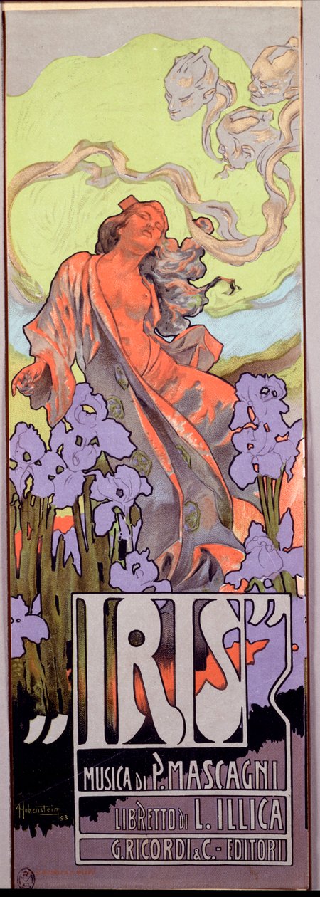 Iris Opera skomponowana przez Pietro Mascagniego i włoskie libretto Luigiego Illicy (1898). Plakat ilustrowany przez Adolfo Hohensteina (1854-1928) 1910 Wym. 10x29,5 cm z prywatnej kolekcji mediolańskiej autorstwa Adolfo Hohenstein