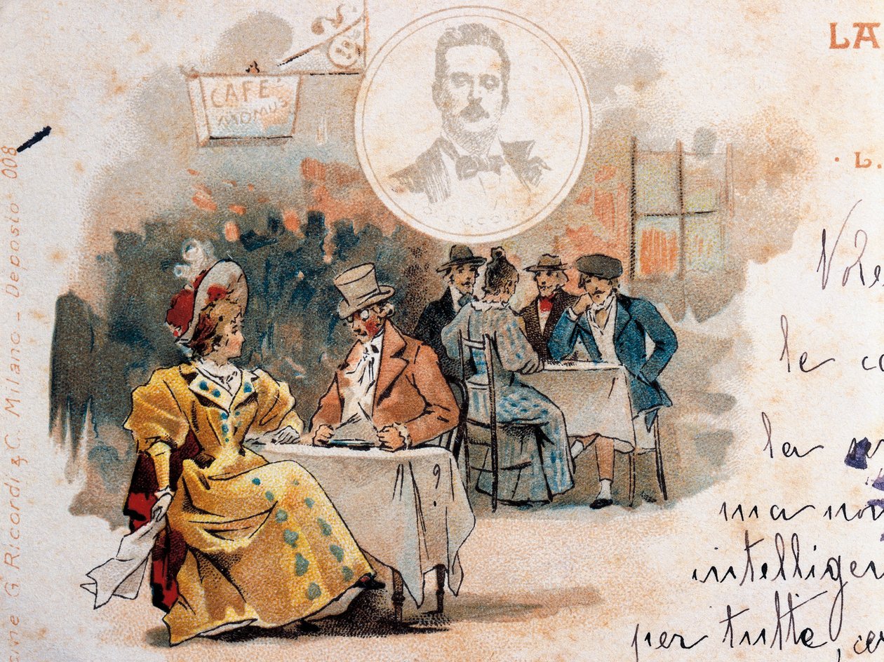 Pocztówka Adolfo Hohensteina (1854-1928) stworzona z okazji premiery opery La Boheme, autorstwa Giacomo Pucciniego (1858-1924), przedstawiająca scenę z aktu drugiego autorstwa Adolfo Hohenstein