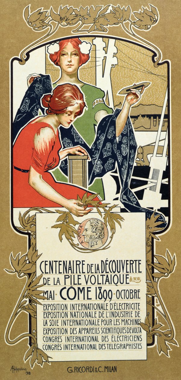 Plakat reklamujący stulecie odkrycia stosu Voltaic, 1899 autorstwa Adolfo Hohenstein
