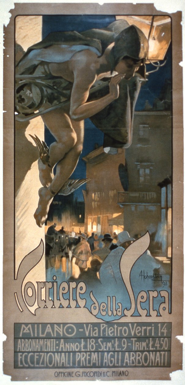 Plakat reklamujący „Corriere della Sera”, wydrukowany w Mediolanie, 1898 r. autorstwa Adolfo Hohenstein