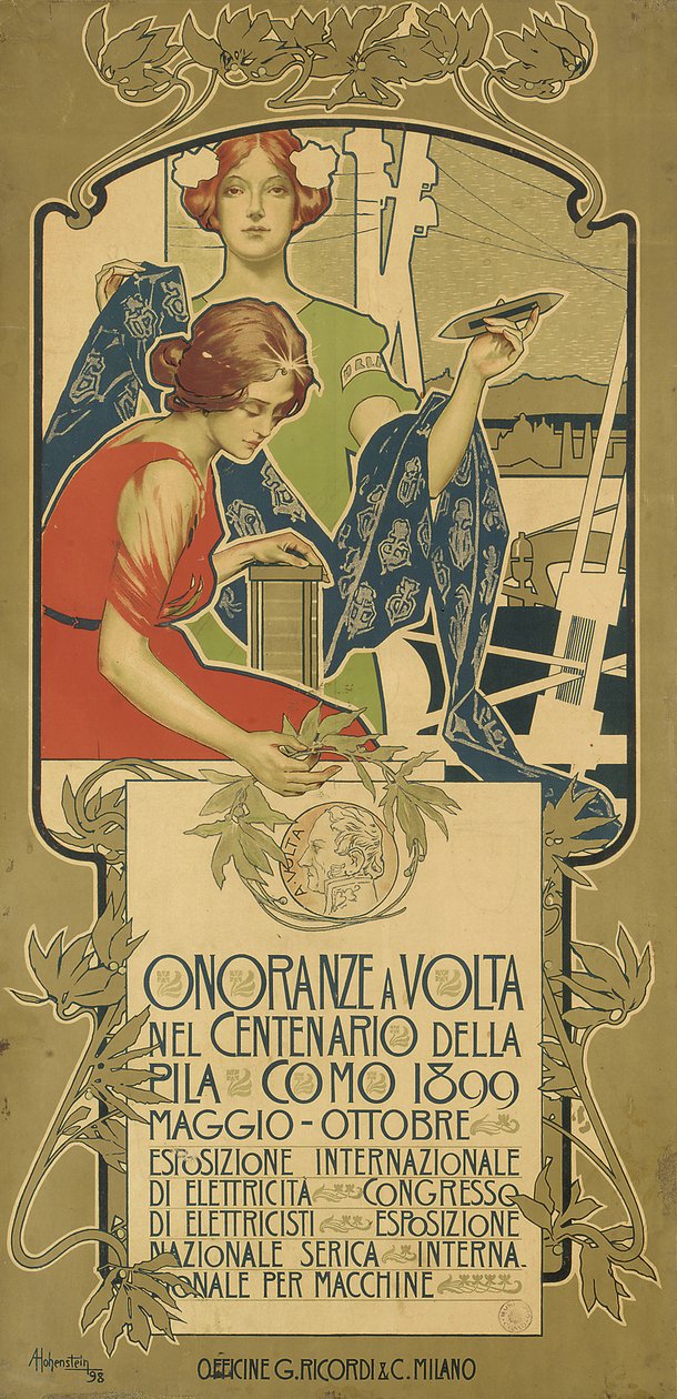 Plakat reklamujący wystawę produktów elektrycznych zorganizowaną z okazji 100. rocznicy urodzin Alessandro Volta autorstwa Adolfo Hohenstein