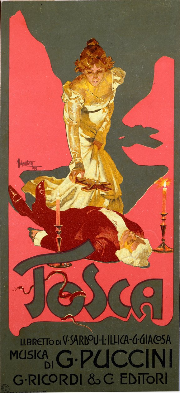 Plakat w stylu Liberty do opery „La Tosca” Giacomo Pucciniego (1858-1924) 1906 wym. 30x13,5 cm Ilustracja autorstwa Adolfo Hohensteina (1854-1928) Kolekcja prywatna Mediolan autorstwa Adolfo Hohenstein