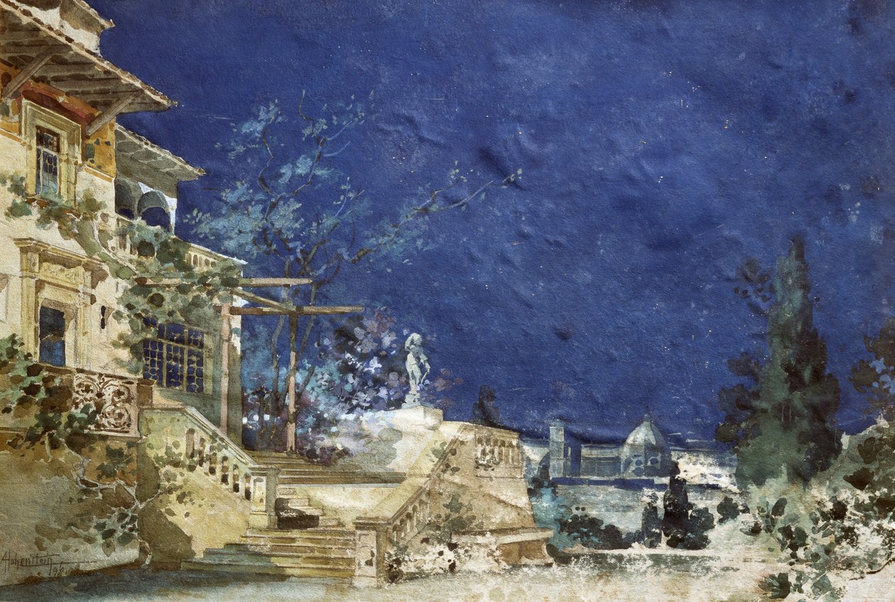 Scenografia Adolfo Hohensteina (1854-1928) do premiery opery Zanetto Pietro Mascagniego (1863-1945) autorstwa Adolfo Hohenstein