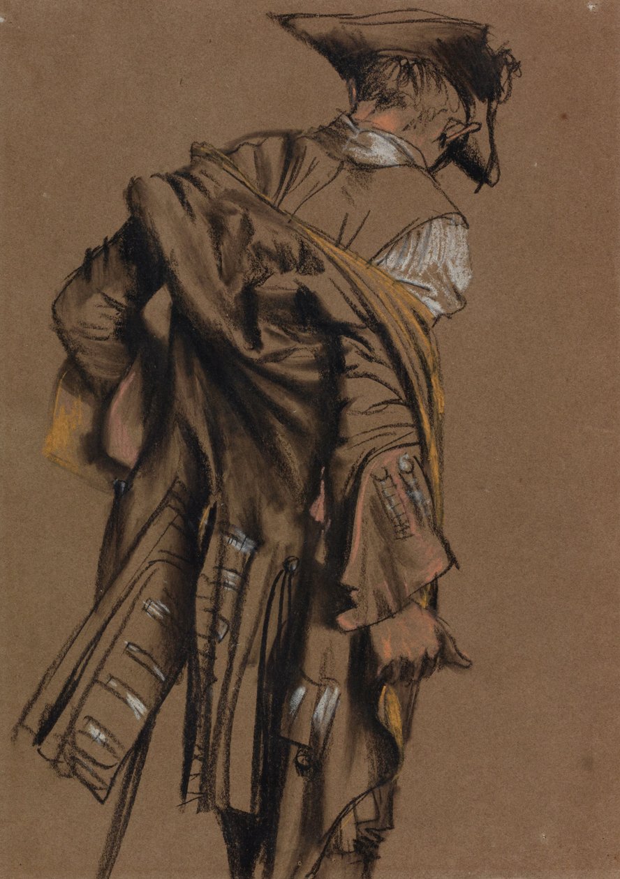 Model artysty widziany z tyłu, zakładający XVIII-wieczny mundur autorstwa Adolph Menzel