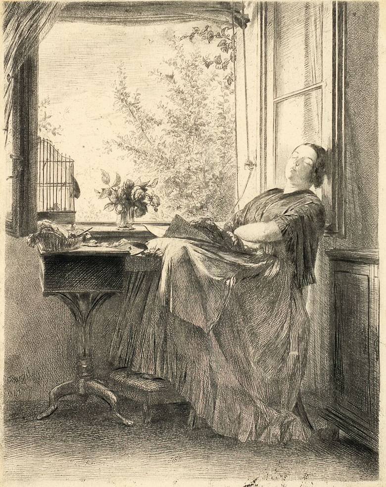 Śpiąca krawcowa przy oknie autorstwa Adolph Menzel