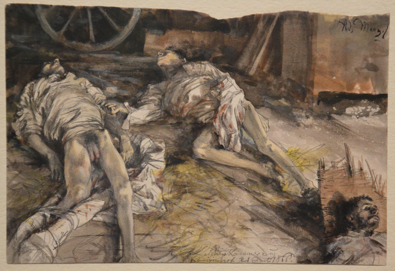 Trzech poległych żołnierzy w stodole autorstwa Adolph Menzel