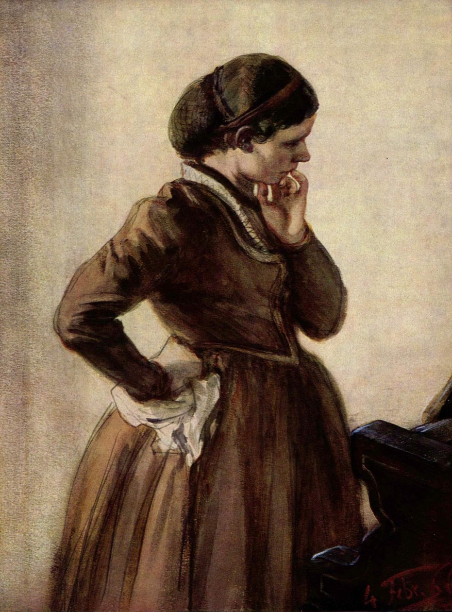 Emilie Menzel stojąca przy fortepianie autorstwa Adolph Menzel