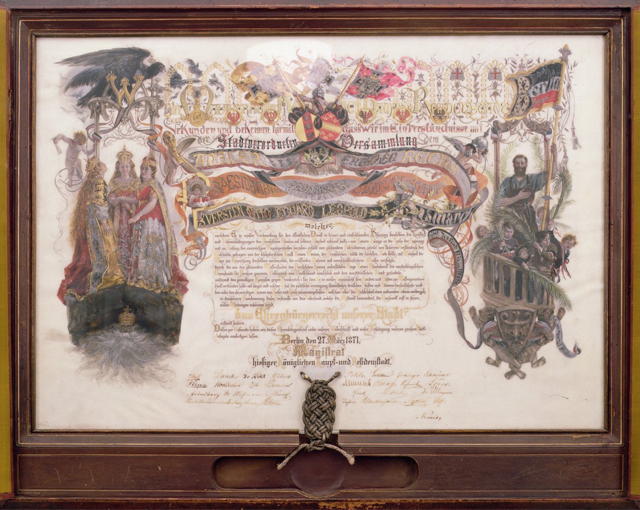 Pismo o przyjęciu w poczet członków Wolnomularstwa Berlińskiego, 27 marca 1871 r. (tusz, akwarela i złoty listek na papierze) autorstwa Adolph Menzel