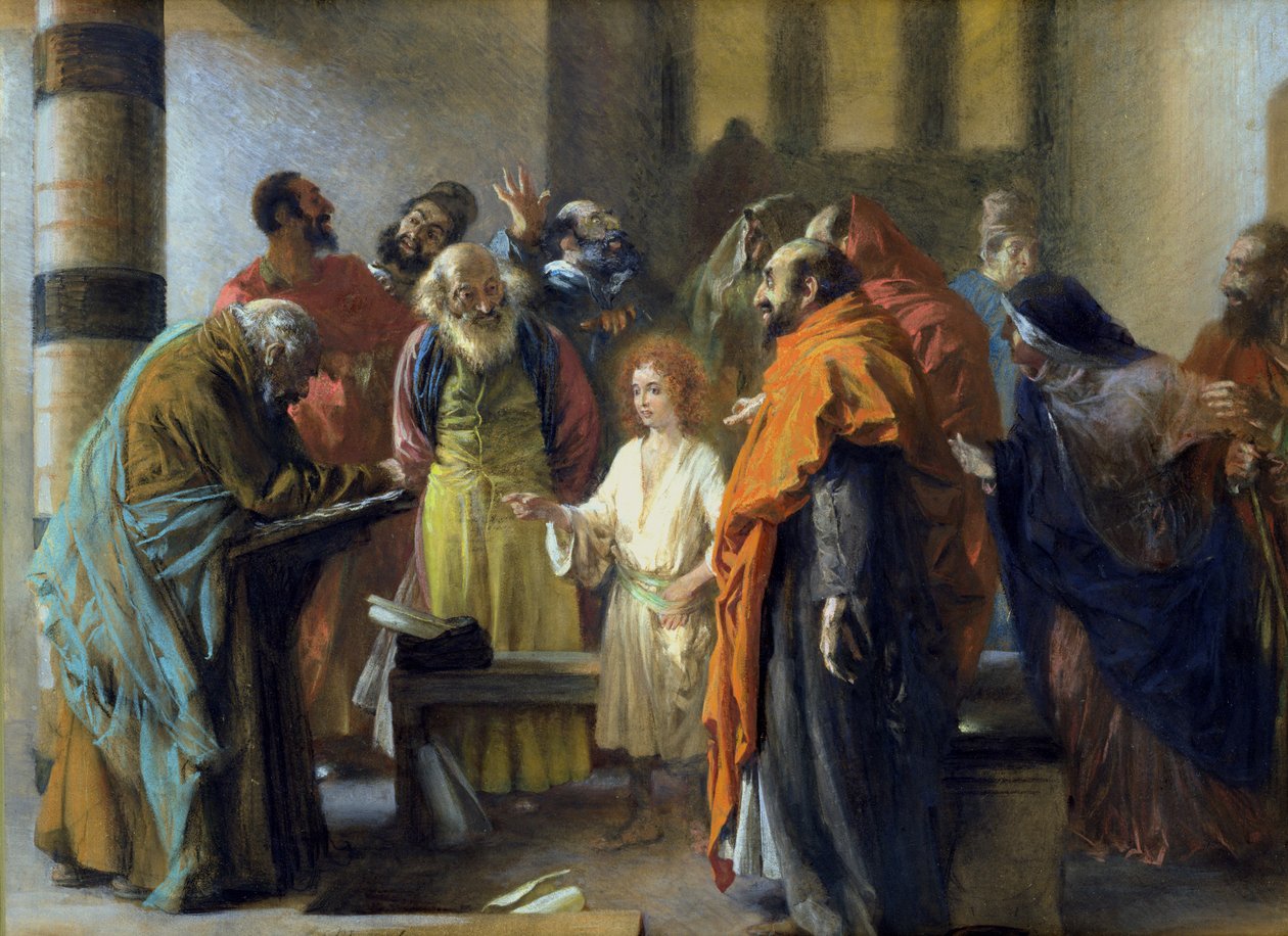 دولس کلن عیسی په معبد کې، 1851 (په کاغذ کې پیسټل او ګوچ) پولی autorstwa Adolph Menzel