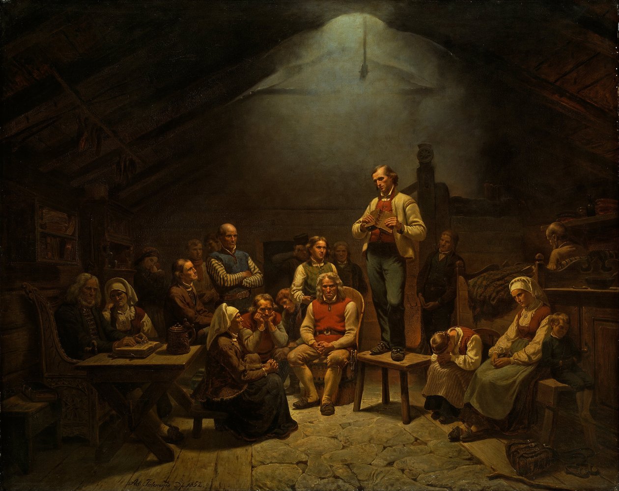 Niskie nabożeństwo do Kościoła autorstwa Adolph Tidemand