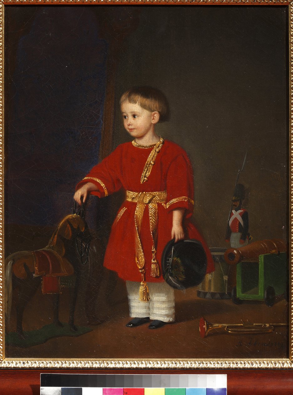 „Portret chłopca w czerwonej sukience z zabawkami wojskowymi” (Portret chłopca w czerwonej sukience z zabawkami wojskowymi) Obraz Adolfa Jebensa (1819-1888) 1849 Muzeum zabawek plastycznych i pedagogicznych, Sergiyev Posad autorstwa Adolph Gebens