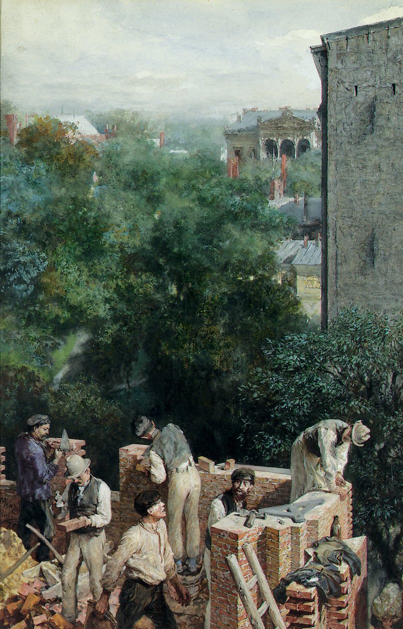 Murarze na budowie, 1875 autorstwa Adolph Menzel