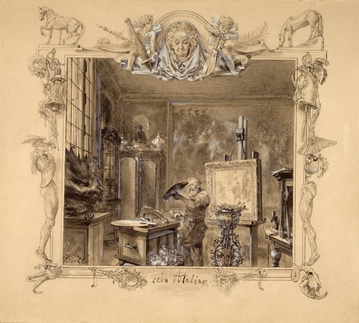 Jego Studio, 1890 (pióro i atrament na papierze) autorstwa Adolph Menzel