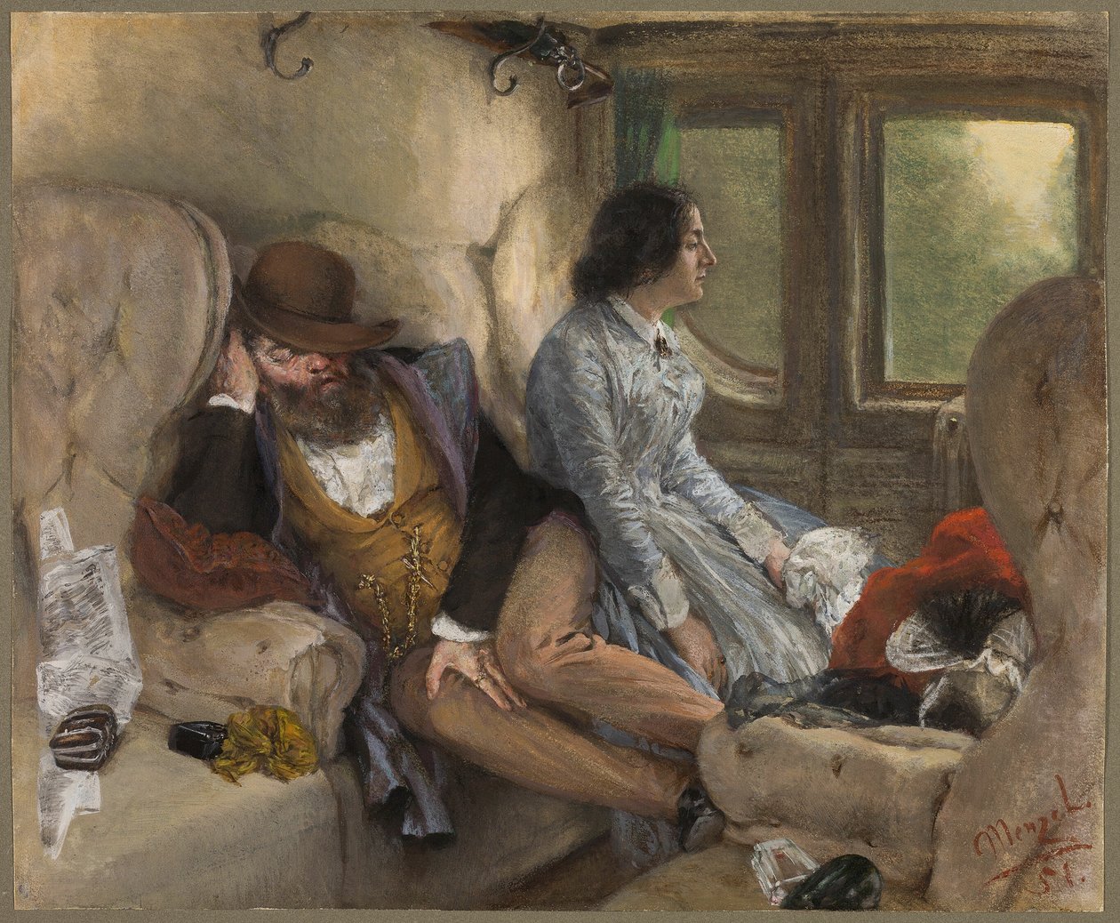 W wagonie kolejowym (po nocnej podróży) autorstwa Adolph Friedrich Erdmann von Menzel