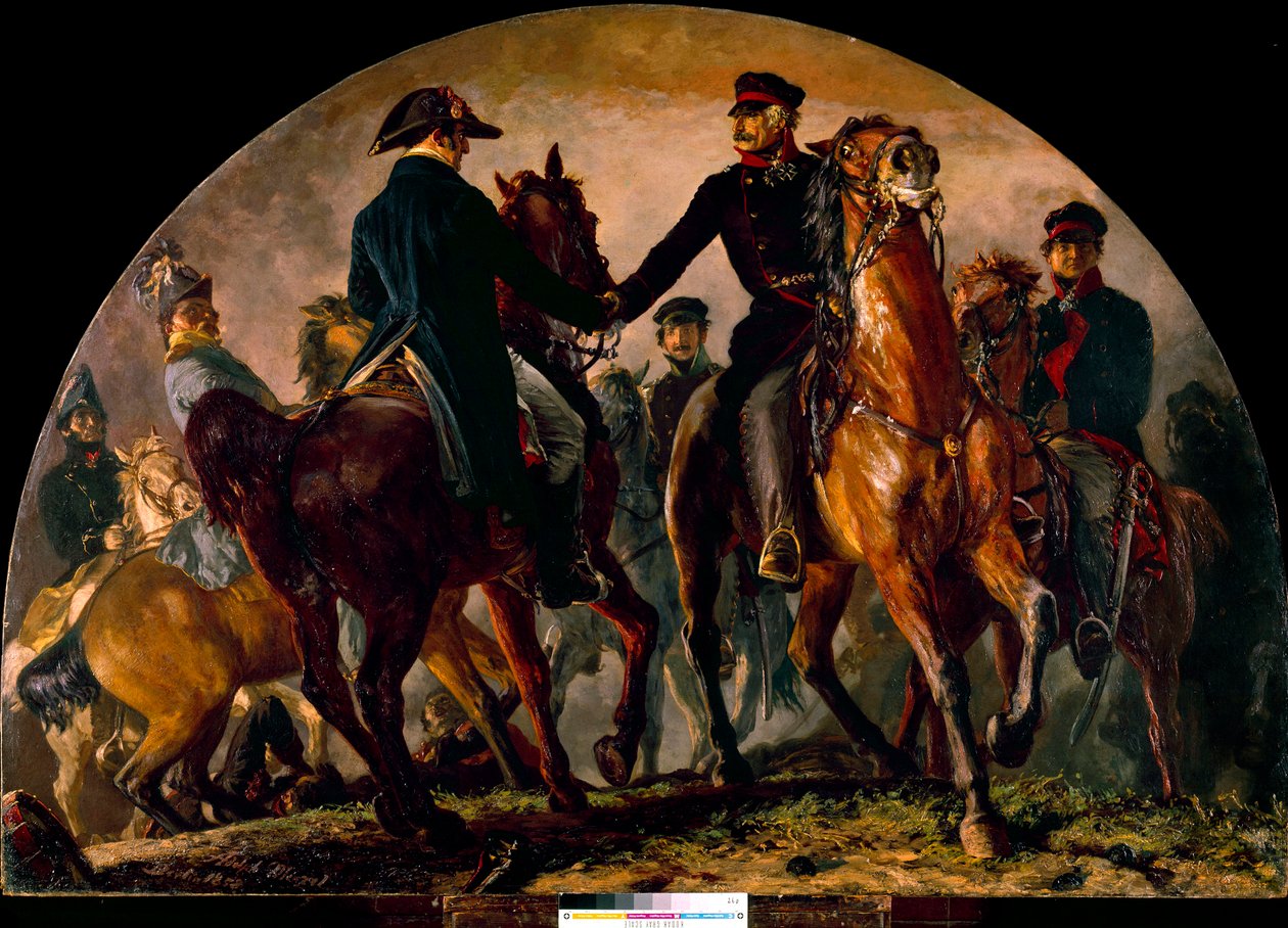 Spotkanie Gebharda Leberechta von Blucher (1742-1819) i Arthura Wellesleya Wellingtona (1769-1852), w bitwie pod La Belle Alliance (1815). Obraz Adolfa Menzla (1815-1905) Ec. Wszystko autorstwa Adolph Menzel