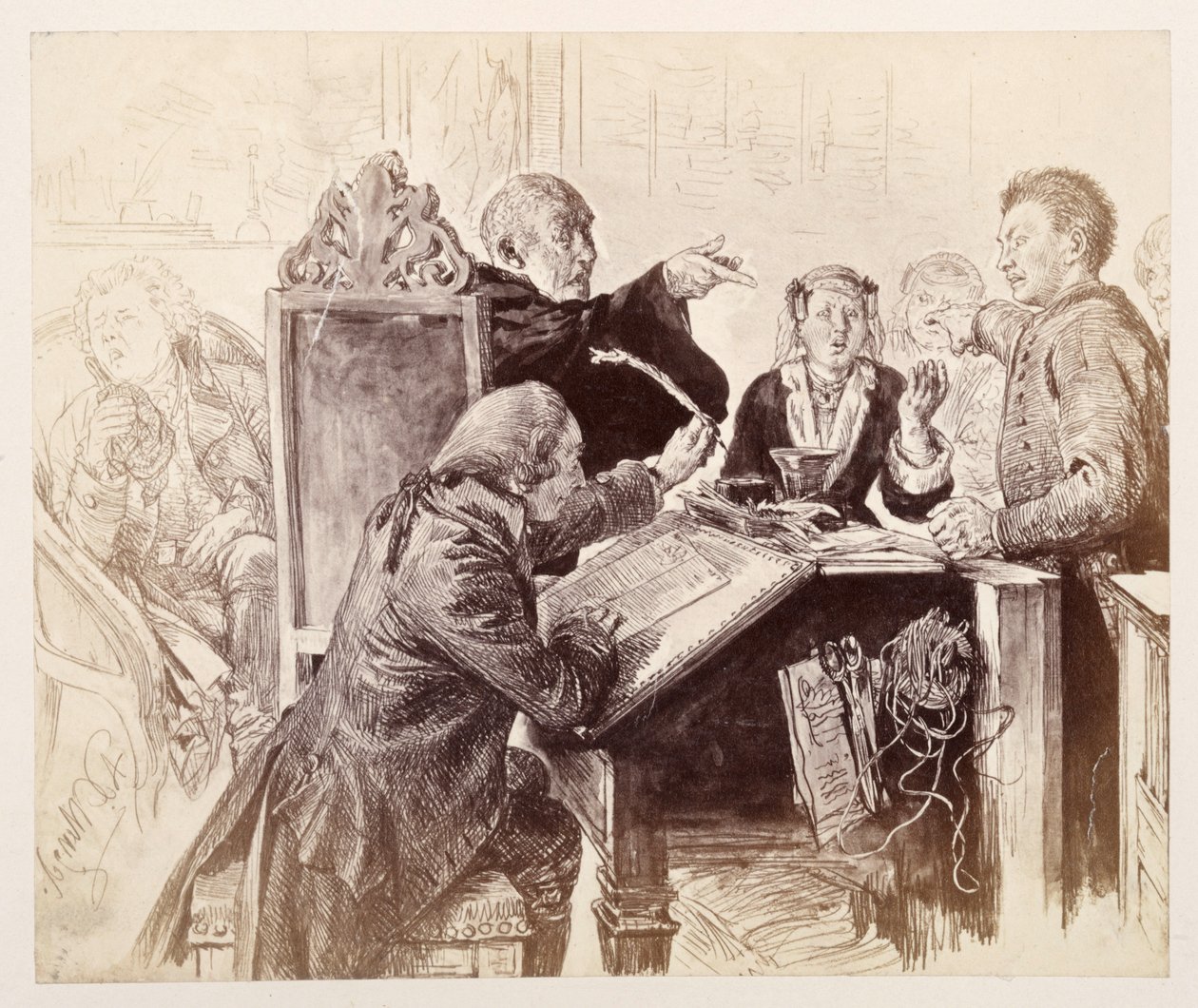 Podczas rozprawy Adam przemawia do Veita; z przodu siedzi pisarz Licht i macza pióro, a z tyłu po prawej stronie radca sądowy, który właśnie ma kichnąć – na podstawie opowiadania Heinricha von Kleista „Złamany dzban” autorstwa Adolph Menzel