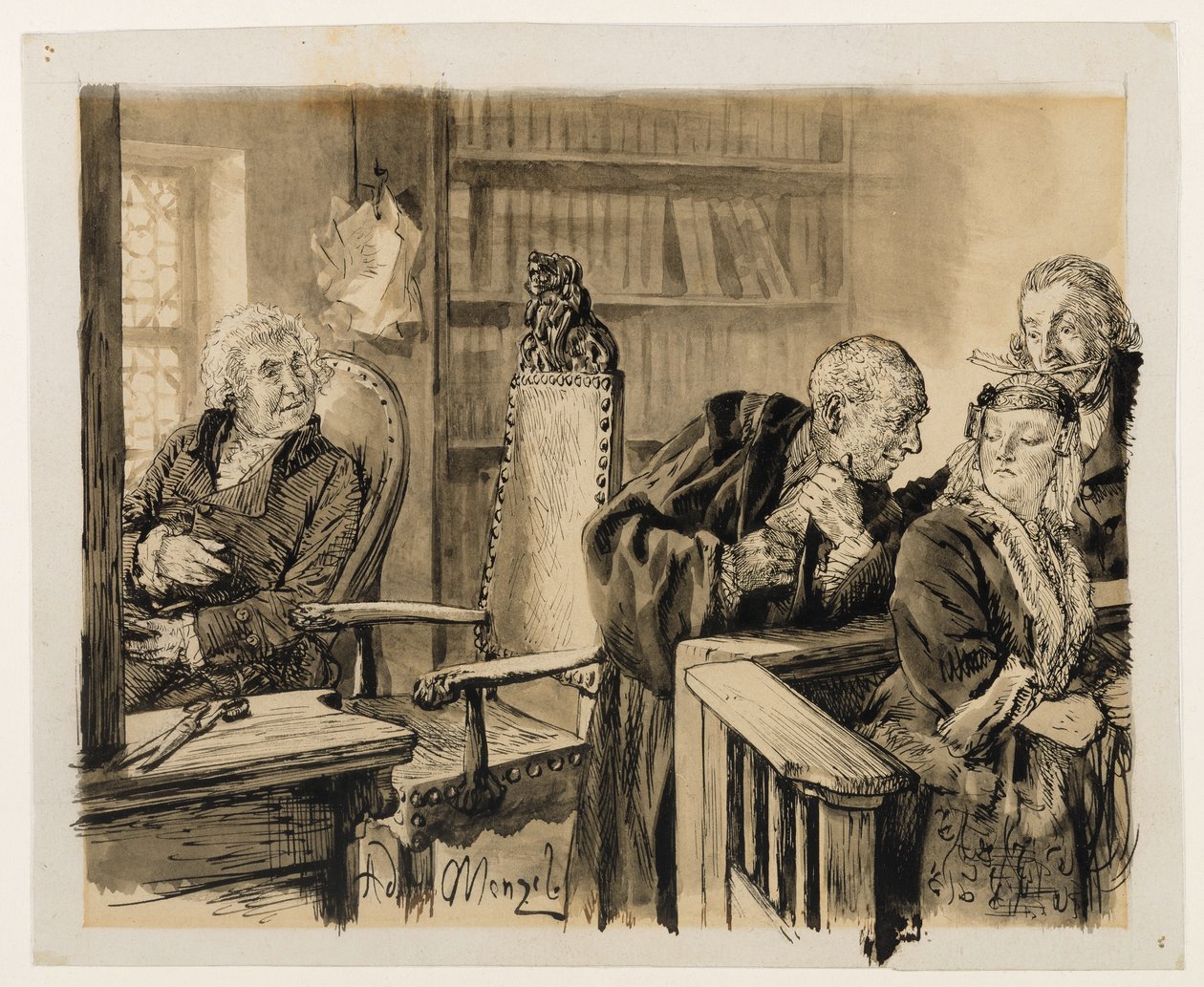 Adam rozmawia potajemnie z Ewą. Licht przysłuchuje się. Radca sądowy wzywa Adama z powrotem na stanowisko sędziego. Heinrich von Kleist, „Złamany dzban” autorstwa Adolph Menzel