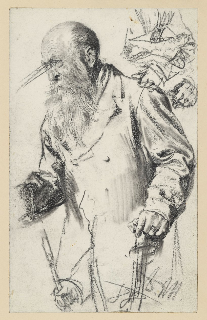 Starszy, brodaty mężczyzna w spódnicy przy Stocku, kilka szczegółów powtórzonych autorstwa Adolph Menzel