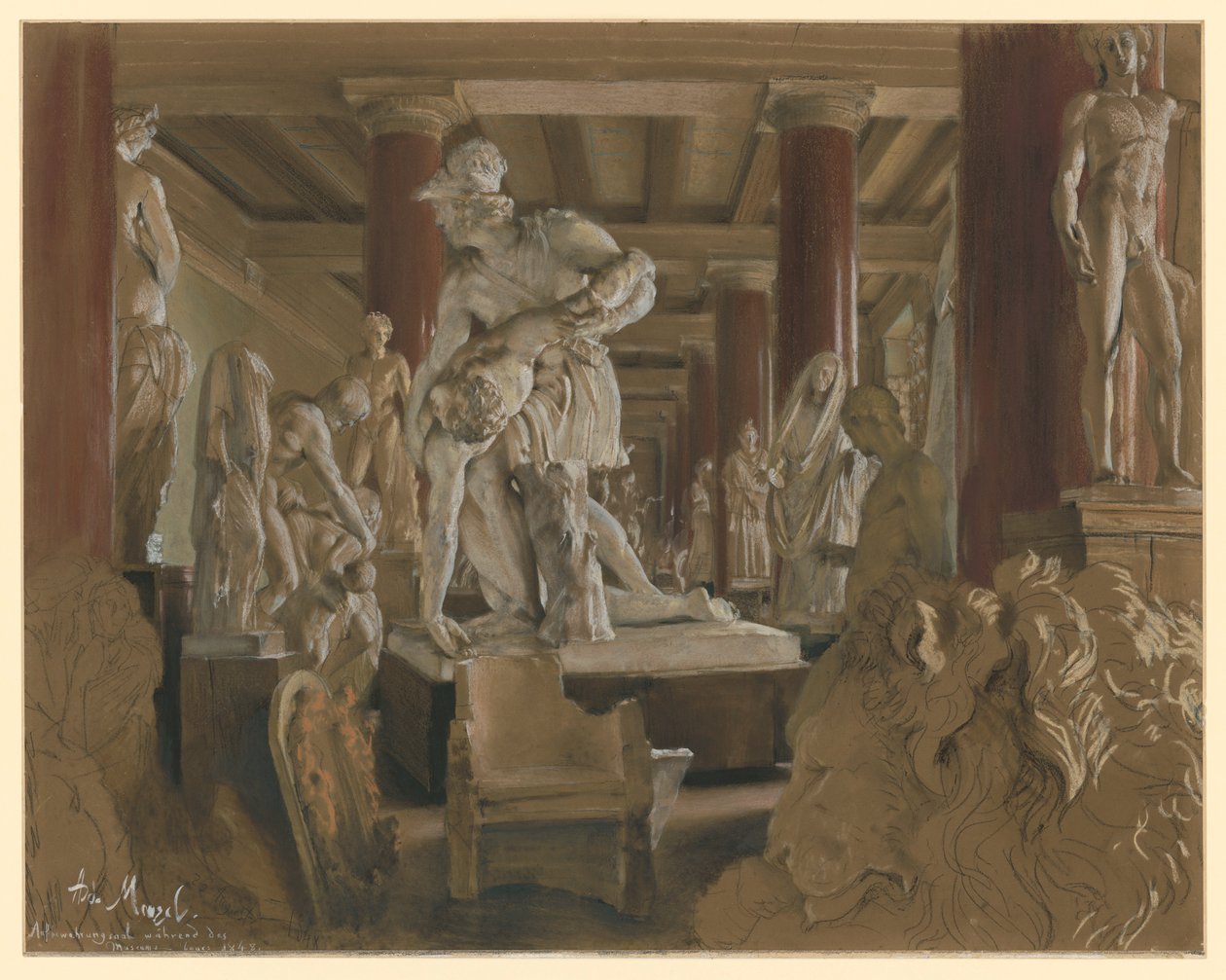 Sala przechowywania odlewów gipsowych podczas budowy Nowego Muzeum w Altes Museum autorstwa Adolph Menzel
