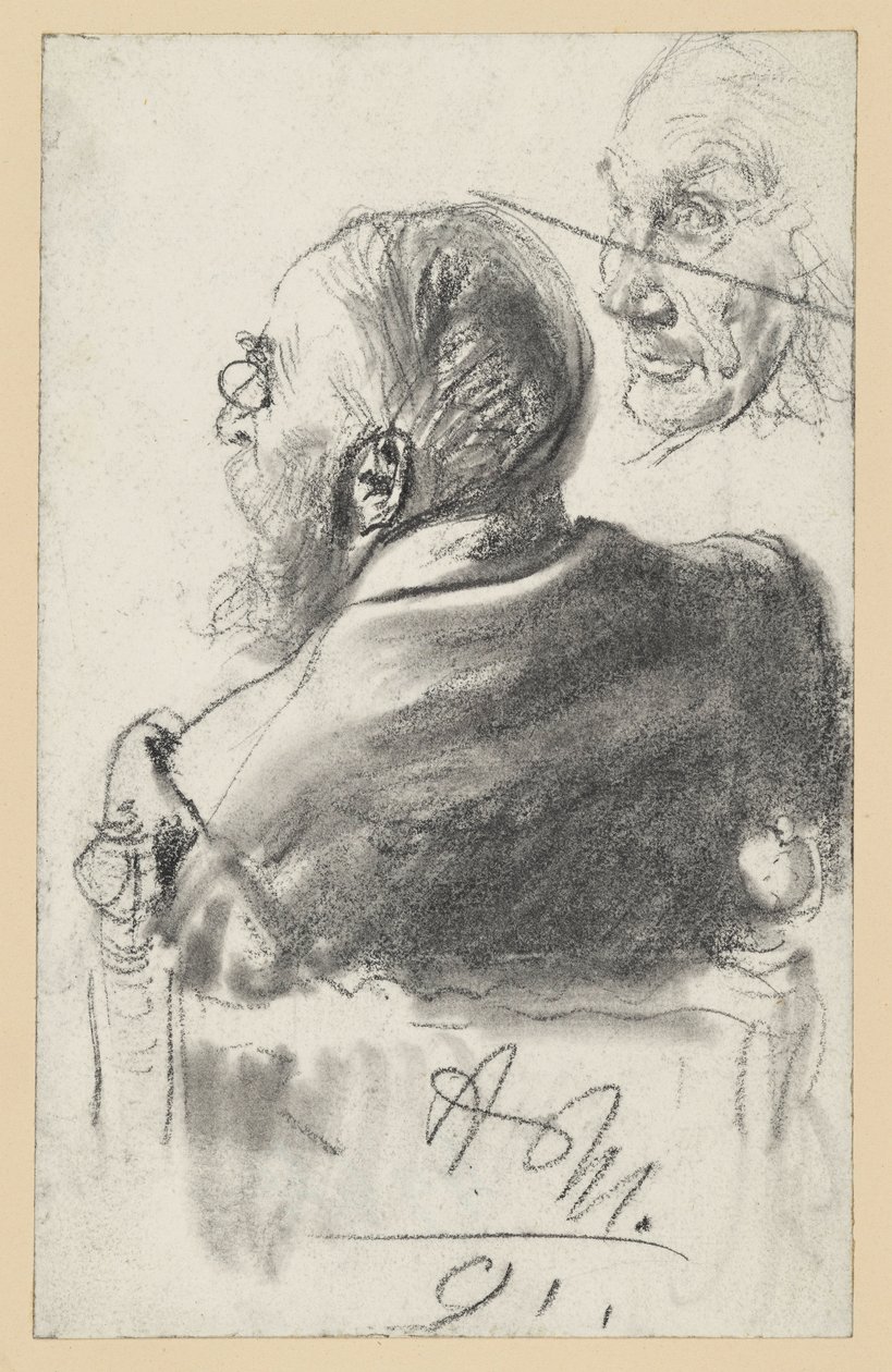 Brodaty mężczyzna w binoklach siedzący w fotelu, widok od tyłu, twarz starego mężczyzny autorstwa Adolph Menzel
