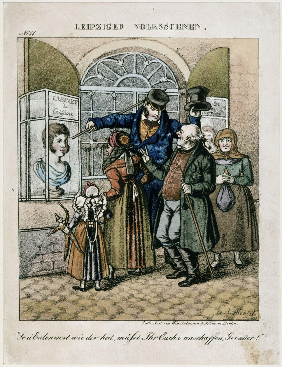 Chłopi przed woskowym popiersiem fryzjera. Z cyklu: Lipskie sceny ludowe autorstwa Adolph Menzel