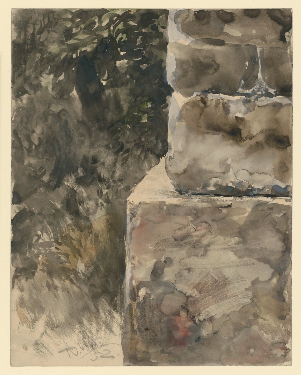 Listowie drzewa przy kamiennym cokole autorstwa Adolph Menzel