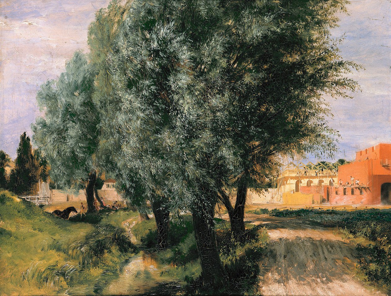Plac budowy z wierzbami autorstwa Adolph Menzel