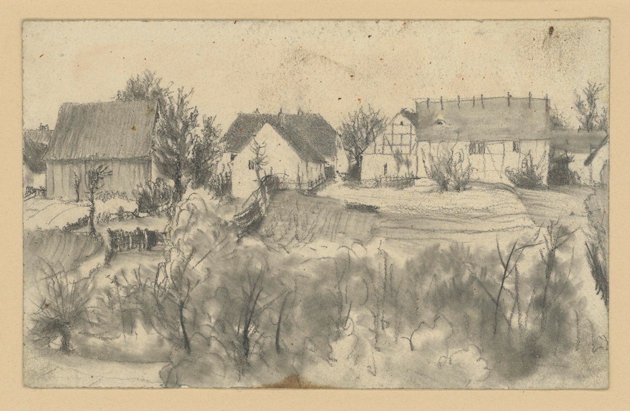 Widok na stodoły i domy chłopskie, na pierwszym planie niskie drzewa i zarośla autorstwa Adolph Menzel
