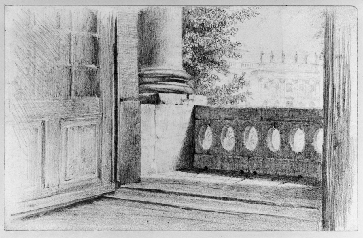 Widok z Biblioteki Królewskiej na środkowy wysunięty fragment wschodniej fasady Opery w Berlinie autorstwa Adolph Menzel