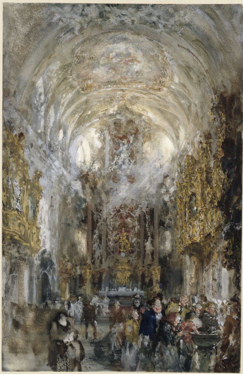 Widok na kolegiatę Najświętszej Marii Panny przy Starej Kaplicy w Ratyzbonie, na pierwszym planie po prawej osoby przy kropielnicy autorstwa Adolph Menzel