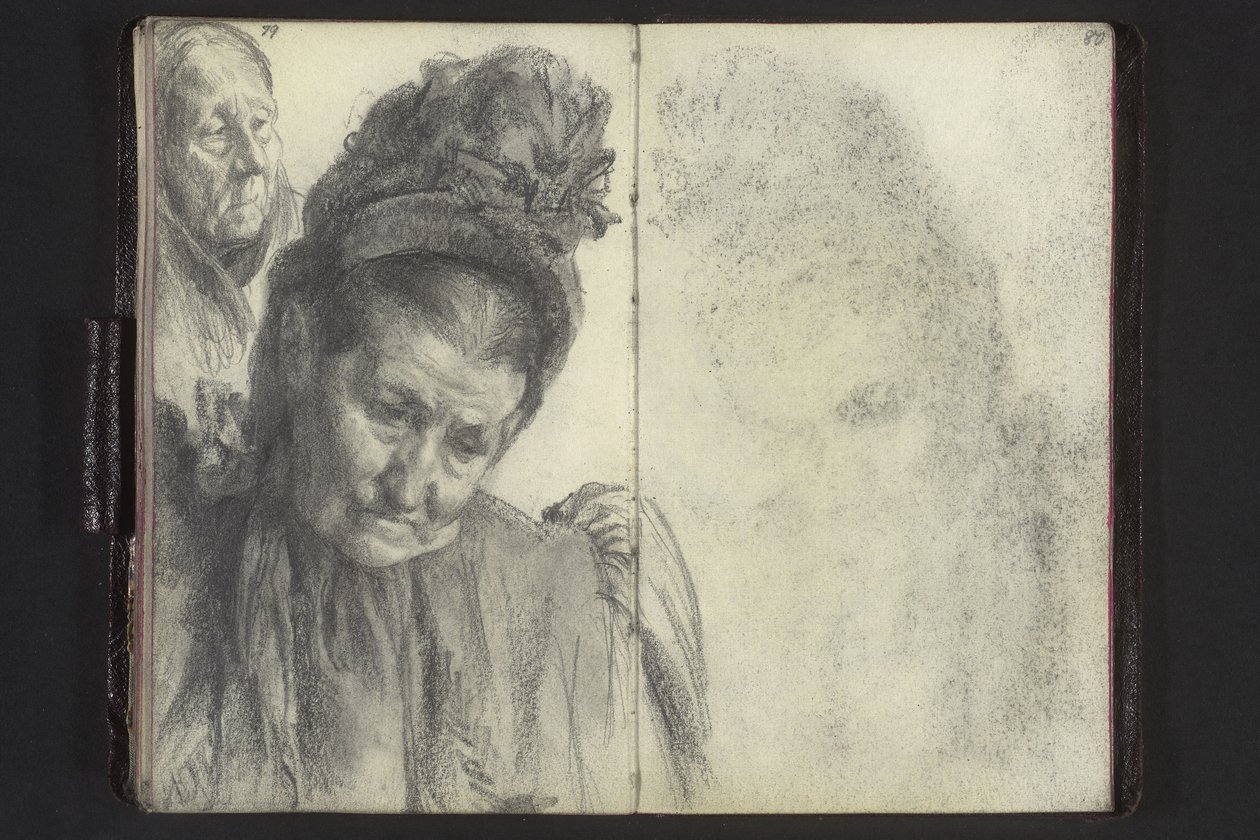 Popiersie starej kobiety w kapeluszu, głowa kobiety w chuście autorstwa Adolph Menzel
