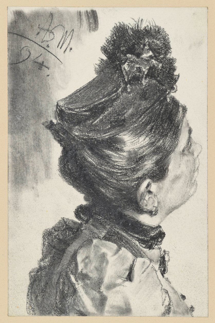 Popiersie spoglądającej w górę damy w kapeluszu, zwróconej w prawo autorstwa Adolph Menzel