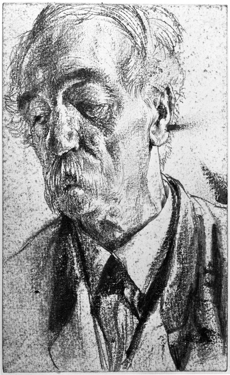 Portret z półpustym tłem przedstawiający starszego mężczyznę z wąsami autorstwa Adolph Menzel
