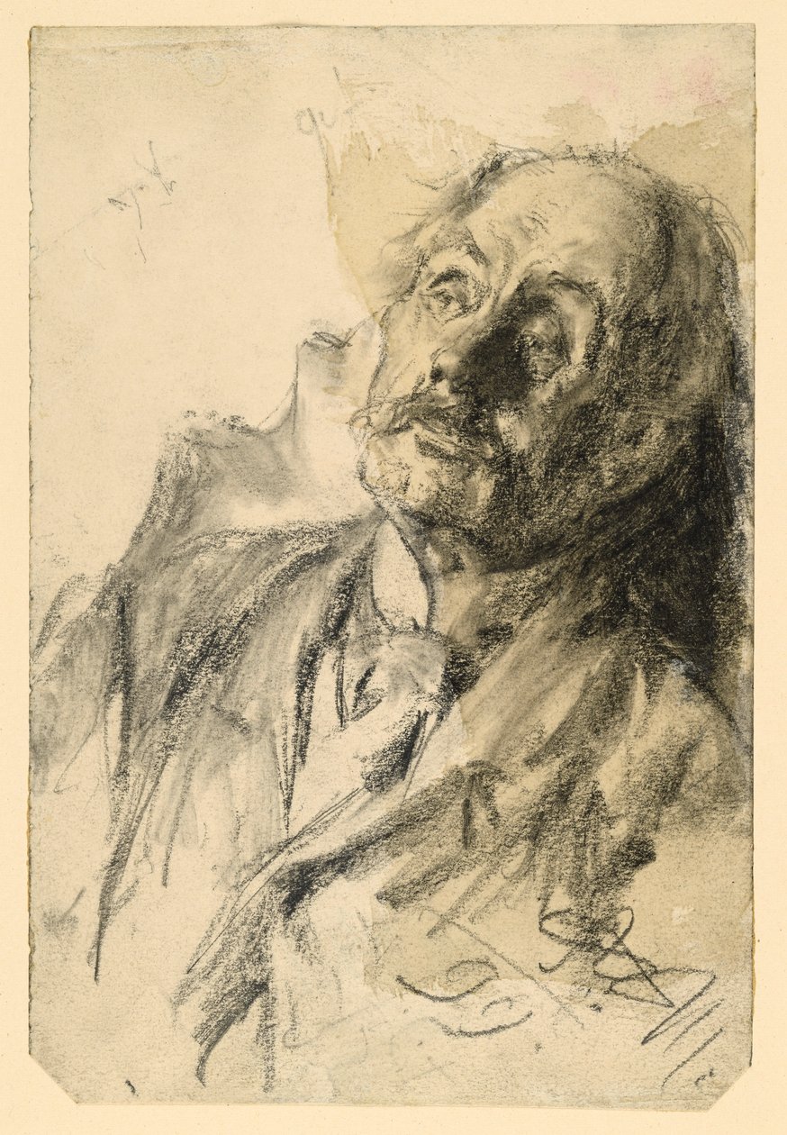 Portret z półprofilu starszego mężczyzny z wąsami, pochylonego w prawo autorstwa Adolph Menzel