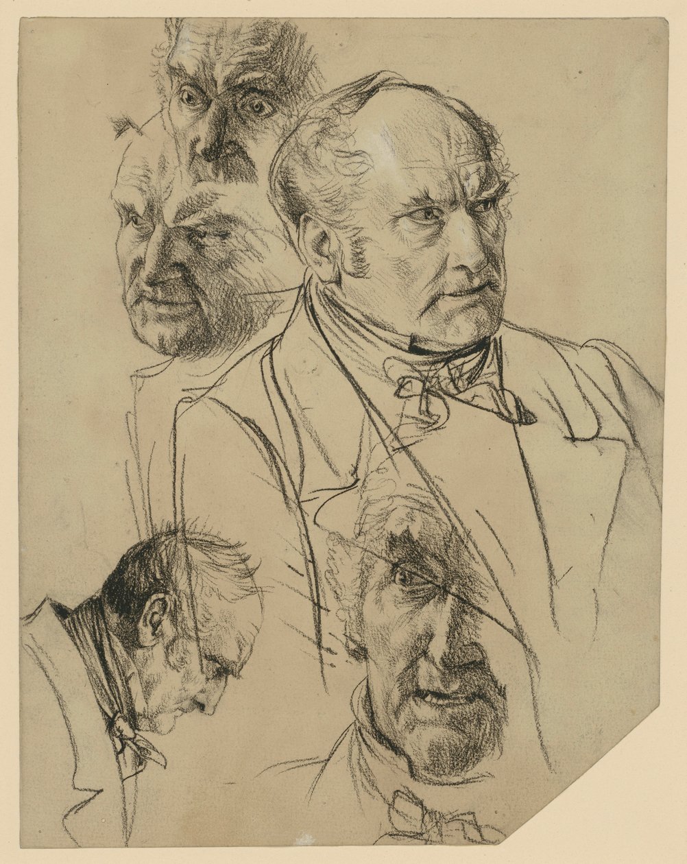 Portret piersiowy starszego mężczyzny zwróconego w prawo, cztery studia głowy autorstwa Adolph Menzel